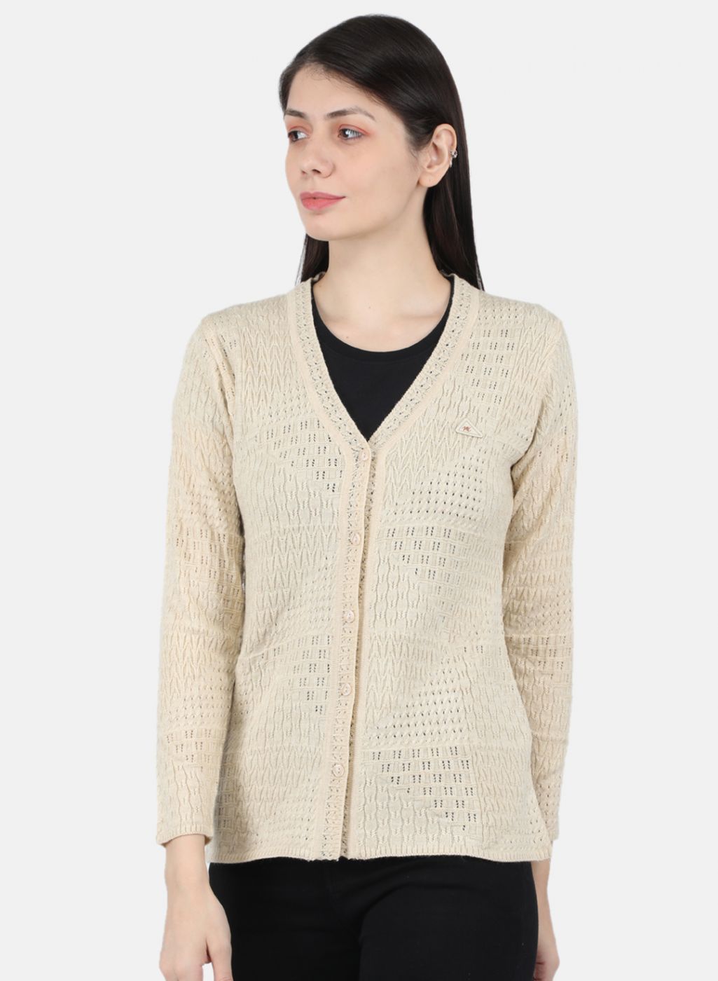 Women Cream Self Design Cardigan