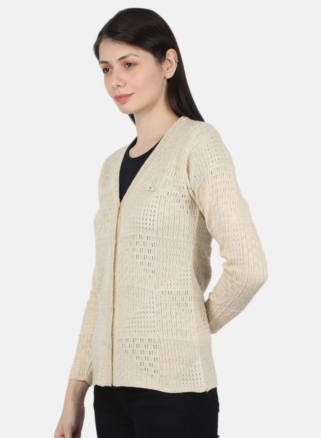 Women Cream Self Design Cardigan