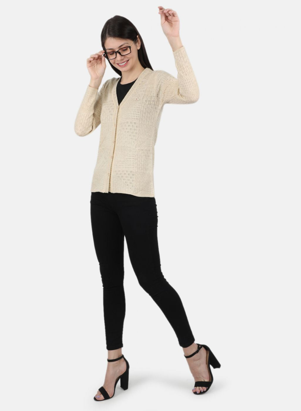 Women Cream Self Design Cardigan