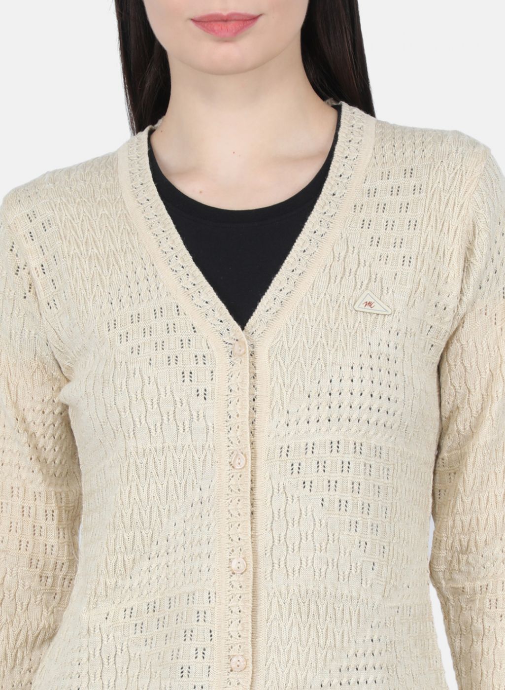 Women Cream Self Design Cardigan