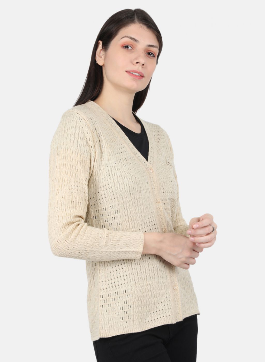 Women Cream Self Design Cardigan