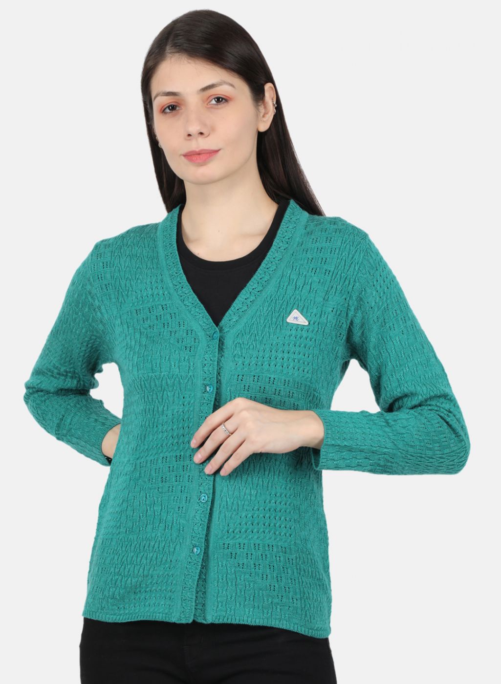 Women Sea Green Self Design Cardigan