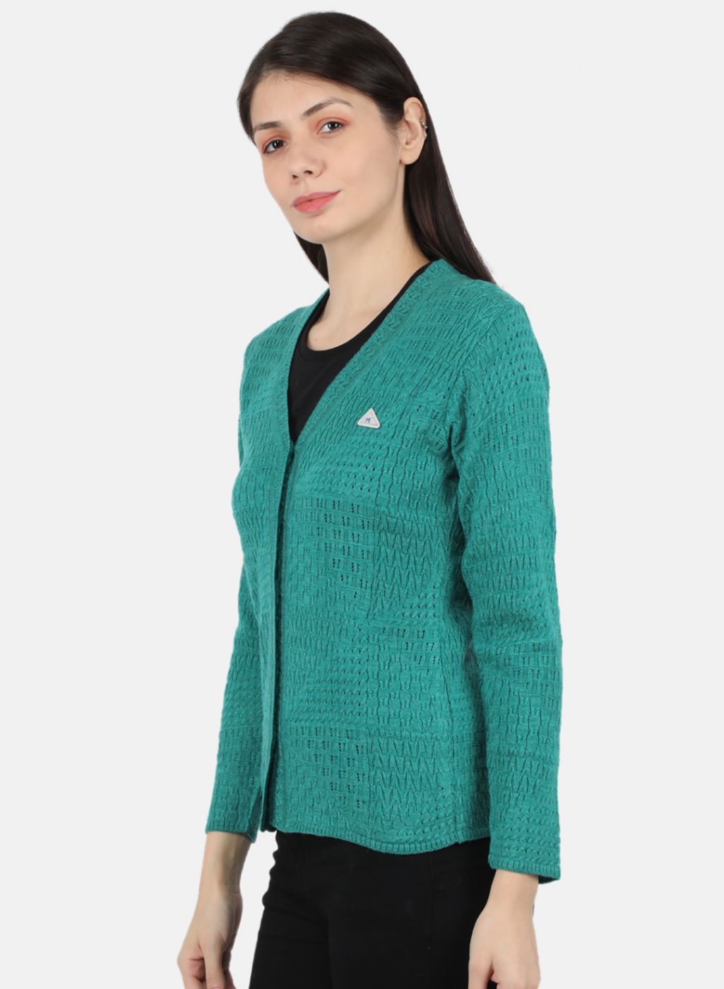 Women Sea Green Self Design Cardigan