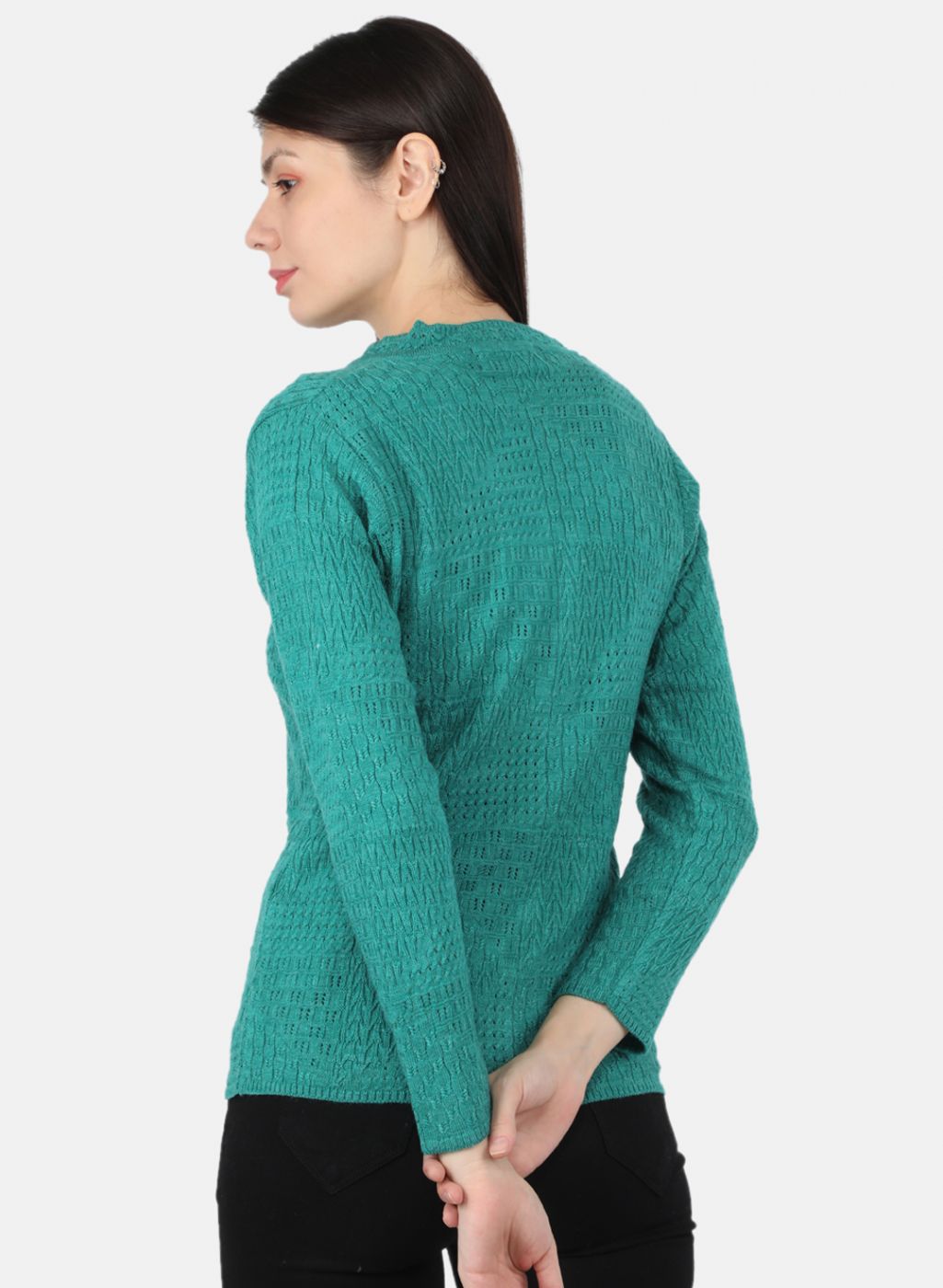 Women Sea Green Self Design Cardigan