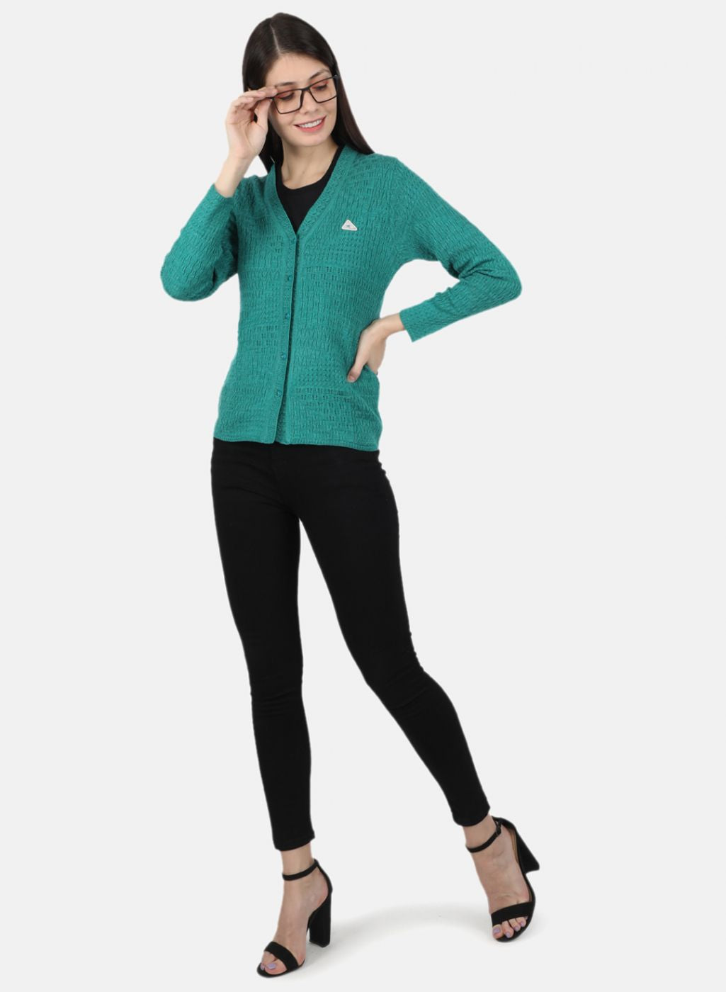 Women Sea Green Self Design Cardigan