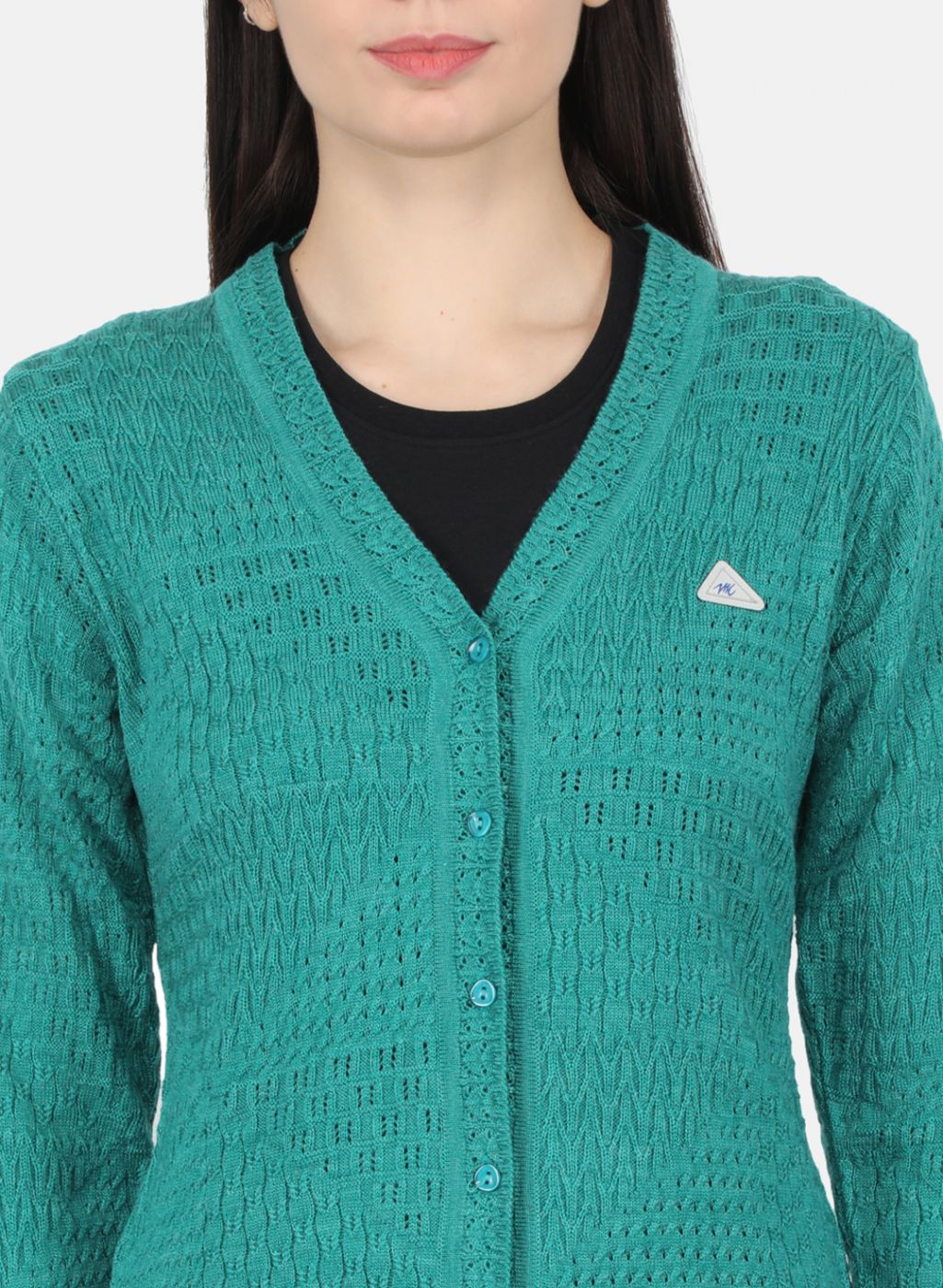 Women Sea Green Self Design Cardigan