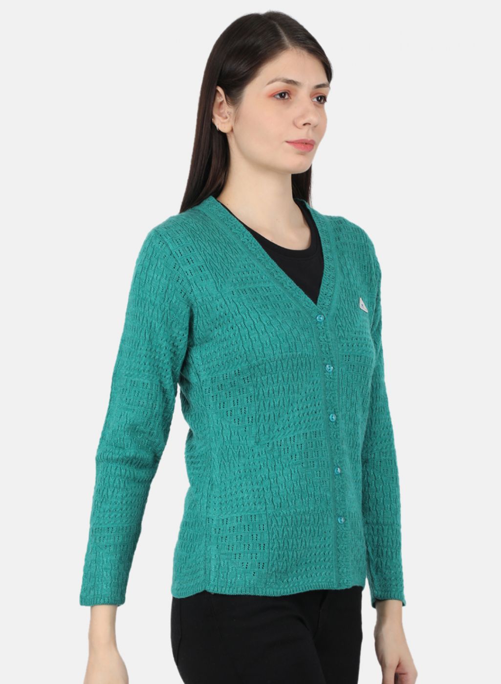 Women Sea Green Self Design Cardigan