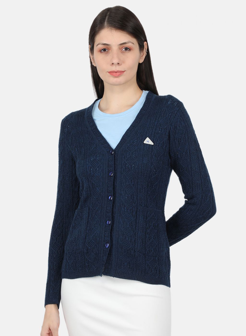 Women Navy Blue Self Design Cardigan