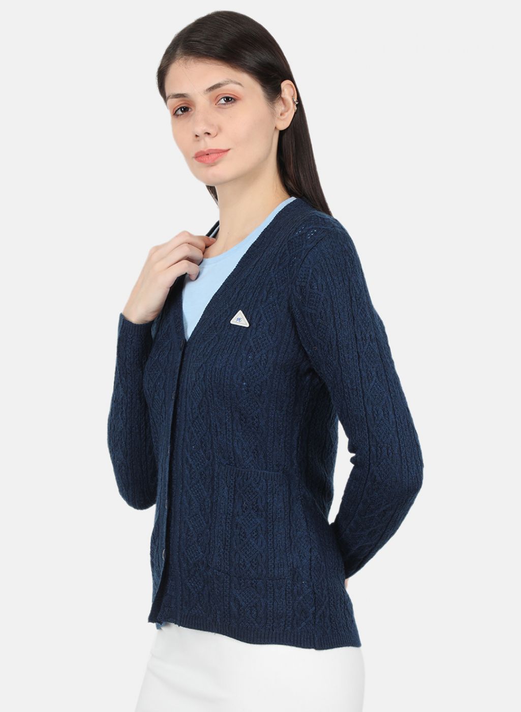 Women Navy Blue Self Design Cardigan