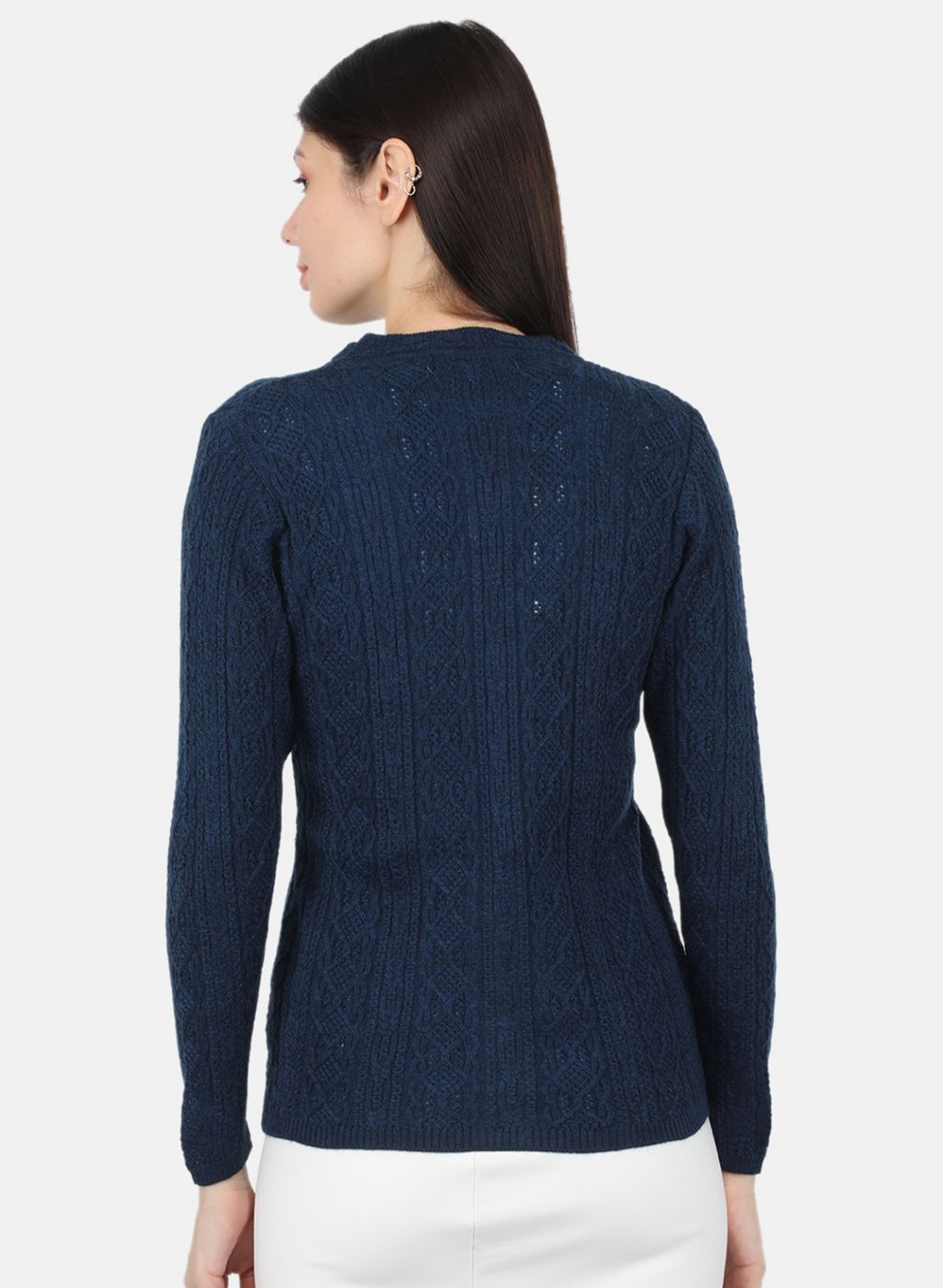 Women Navy Blue Self Design Cardigan