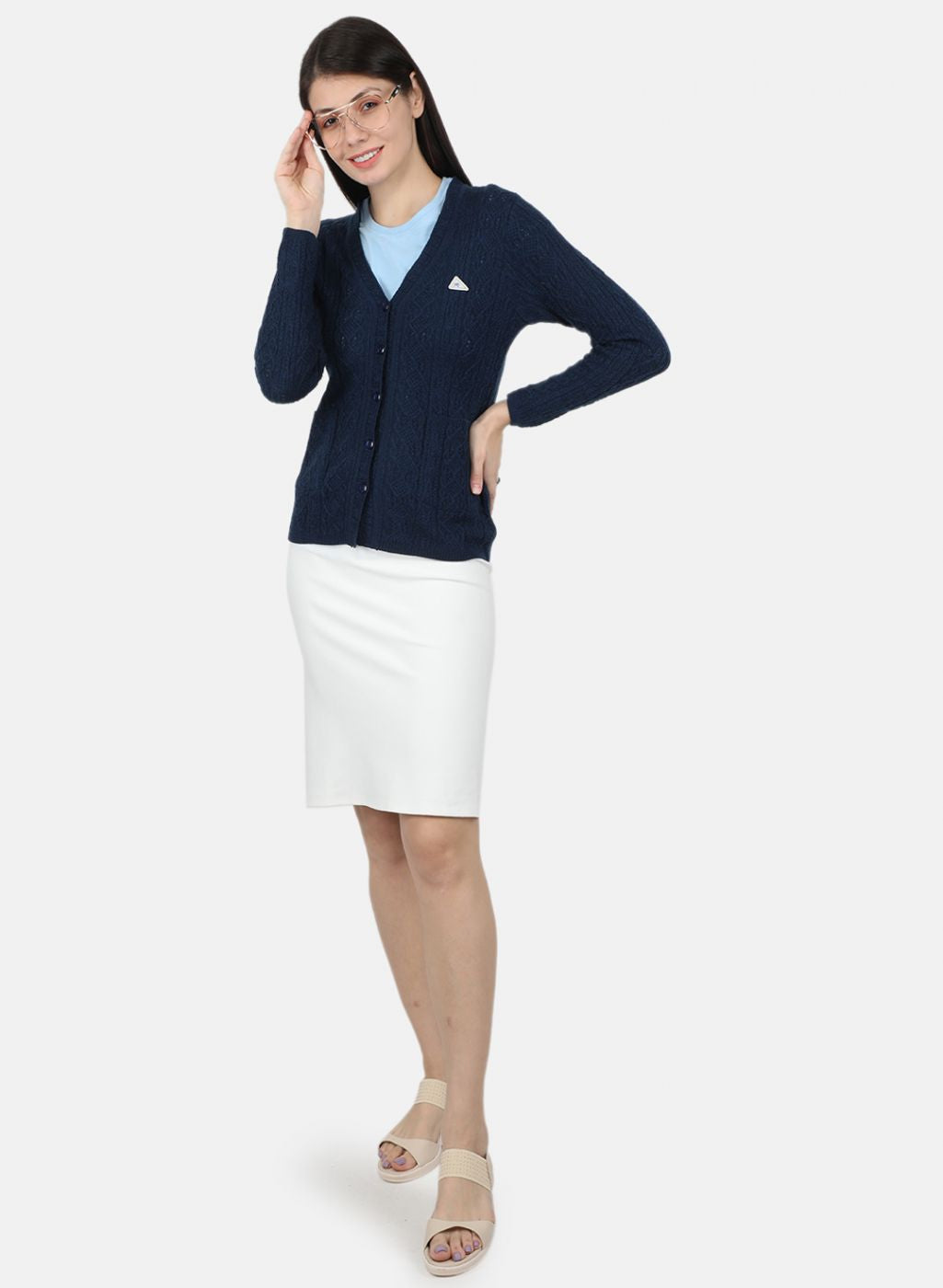 Women Navy Blue Self Design Cardigan