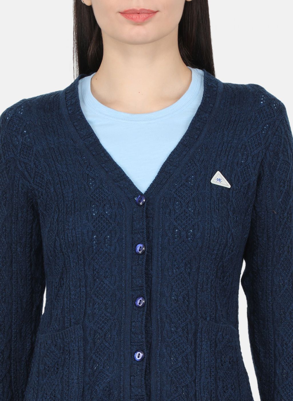 Women Navy Blue Self Design Cardigan