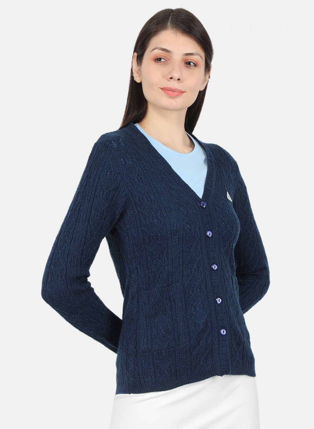 Women Navy Blue Self Design Cardigan