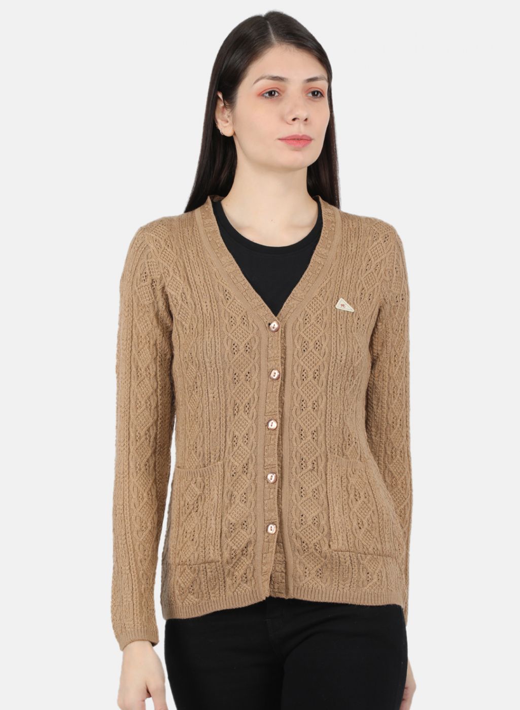 Women Beige Self Design Cardigan