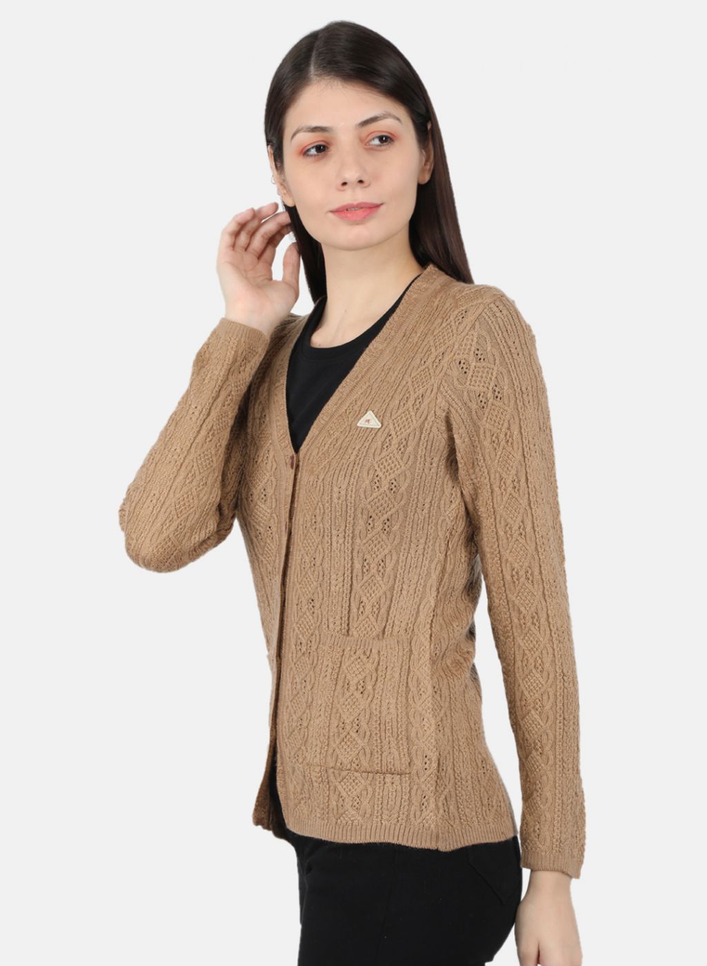 Women Beige Self Design Cardigan