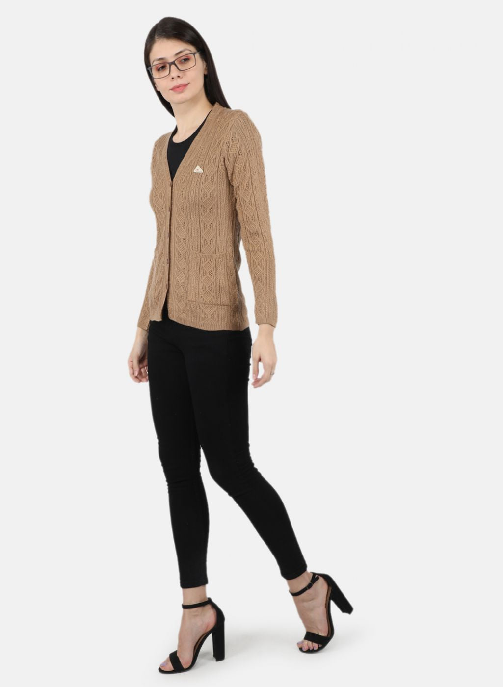 Women Beige Self Design Cardigan