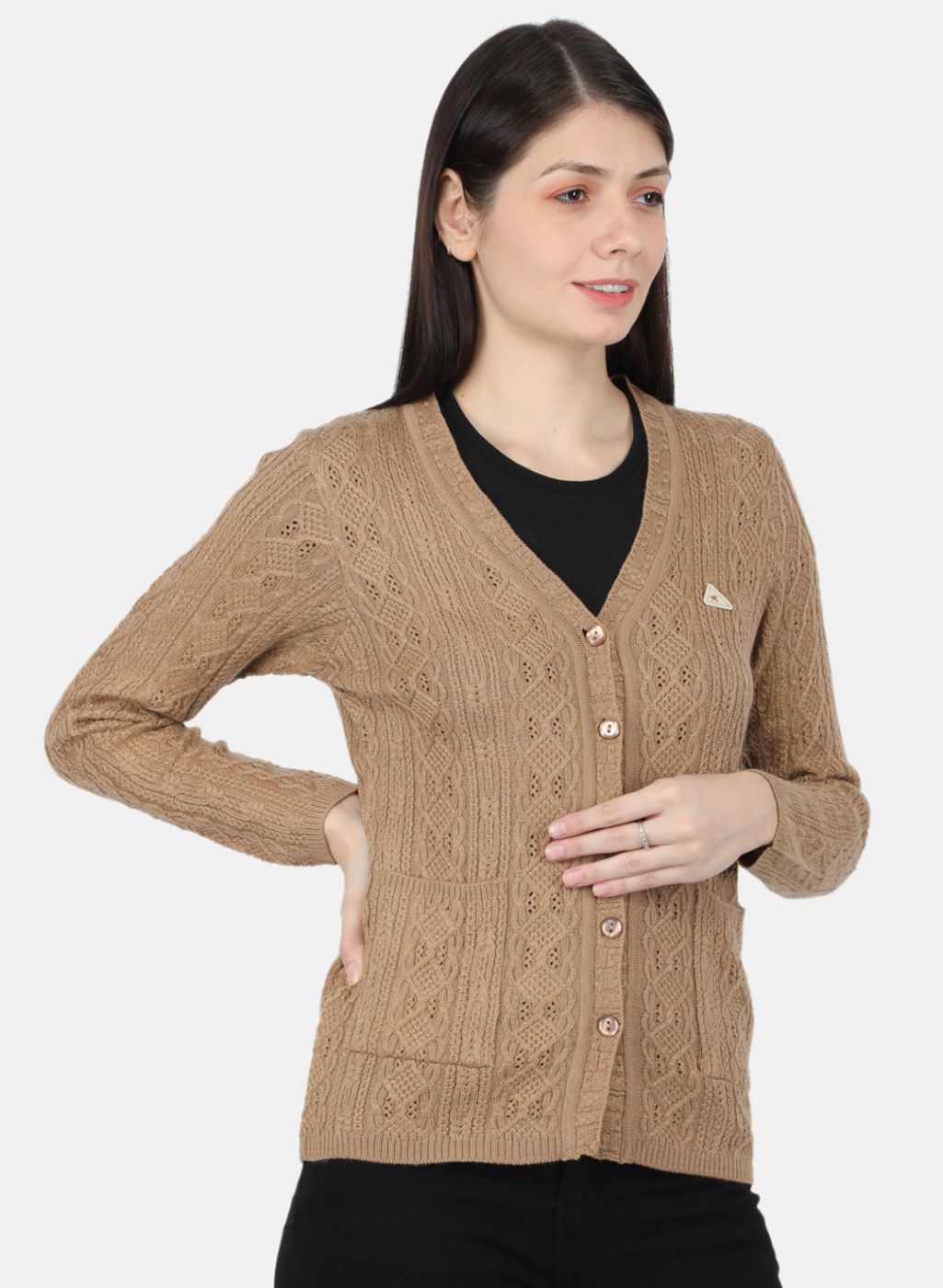 Women Beige Self Design Cardigan