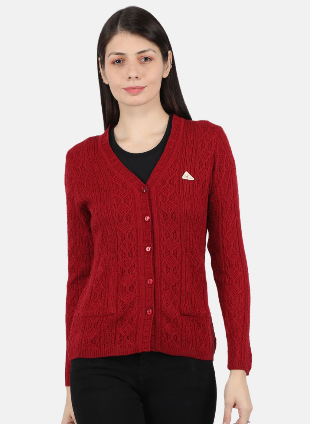 Women Maroon Self Design Cardigan