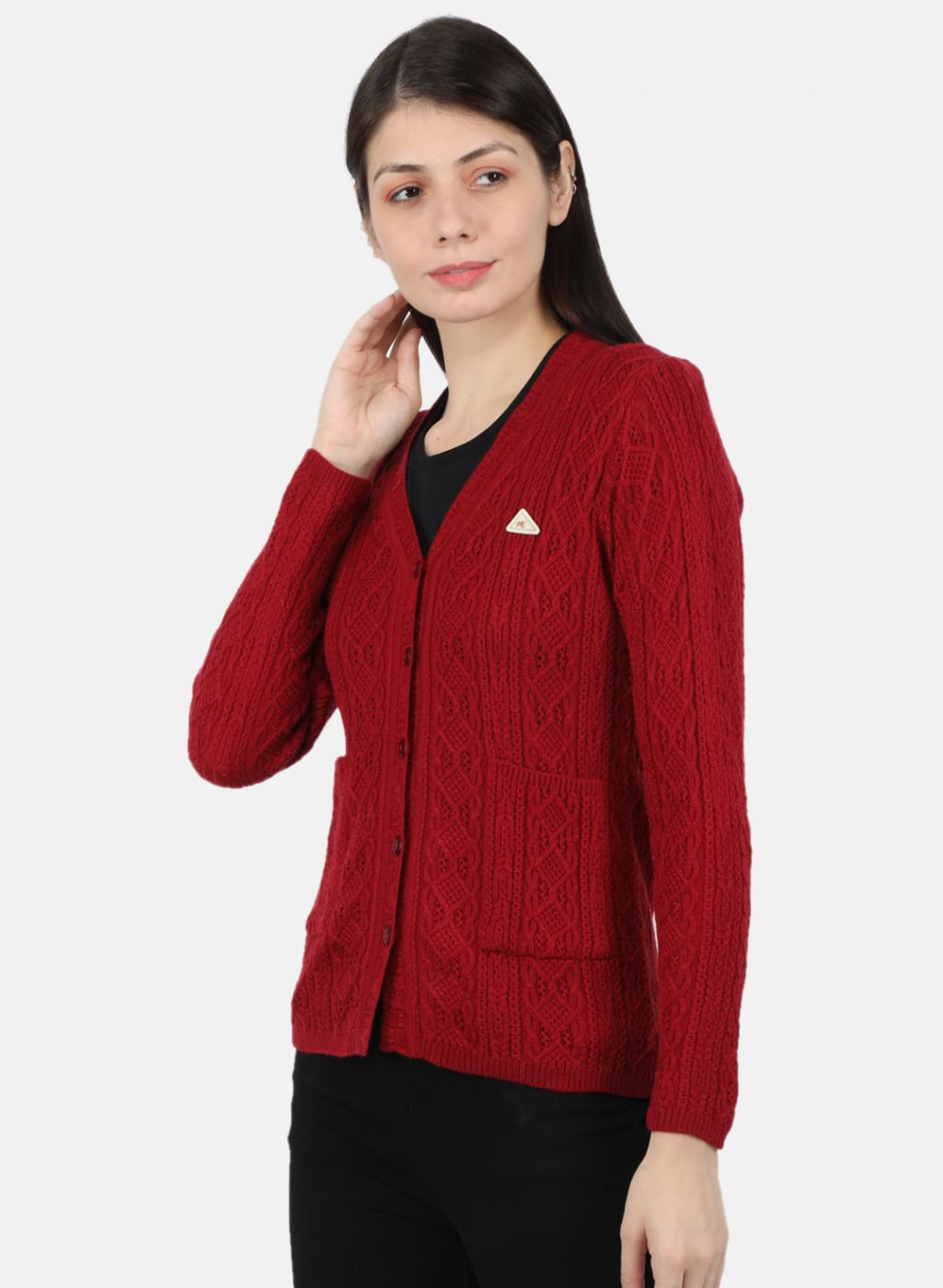 Women Maroon Self Design Cardigan