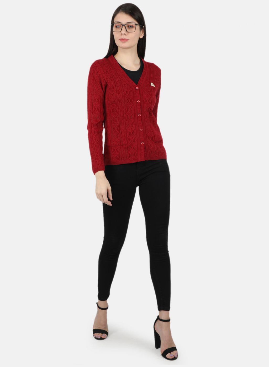 Women Maroon Self Design Cardigan