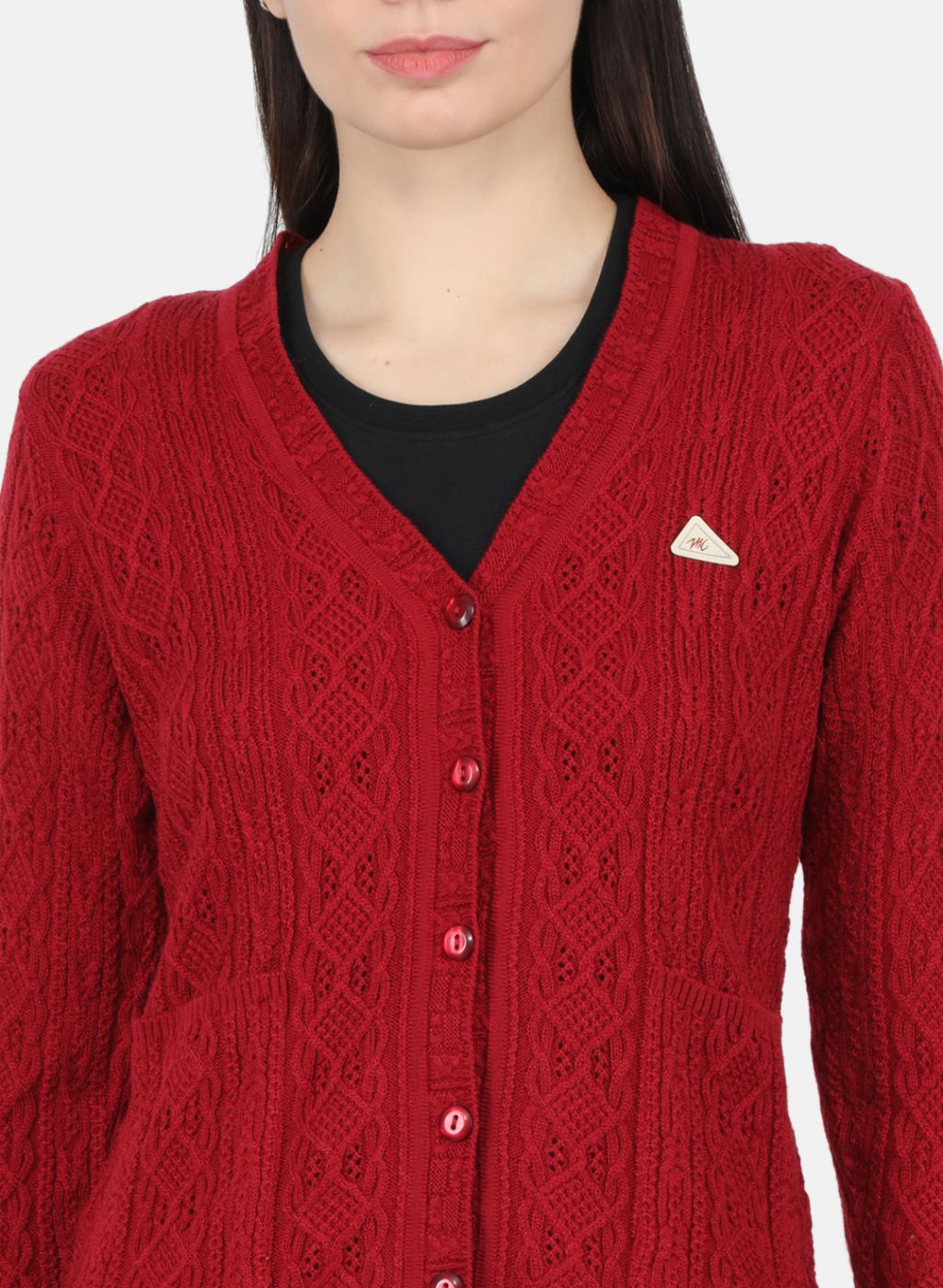 Women Maroon Self Design Cardigan