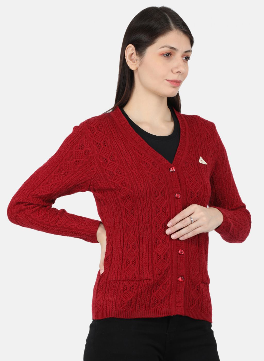 Women Maroon Self Design Cardigan