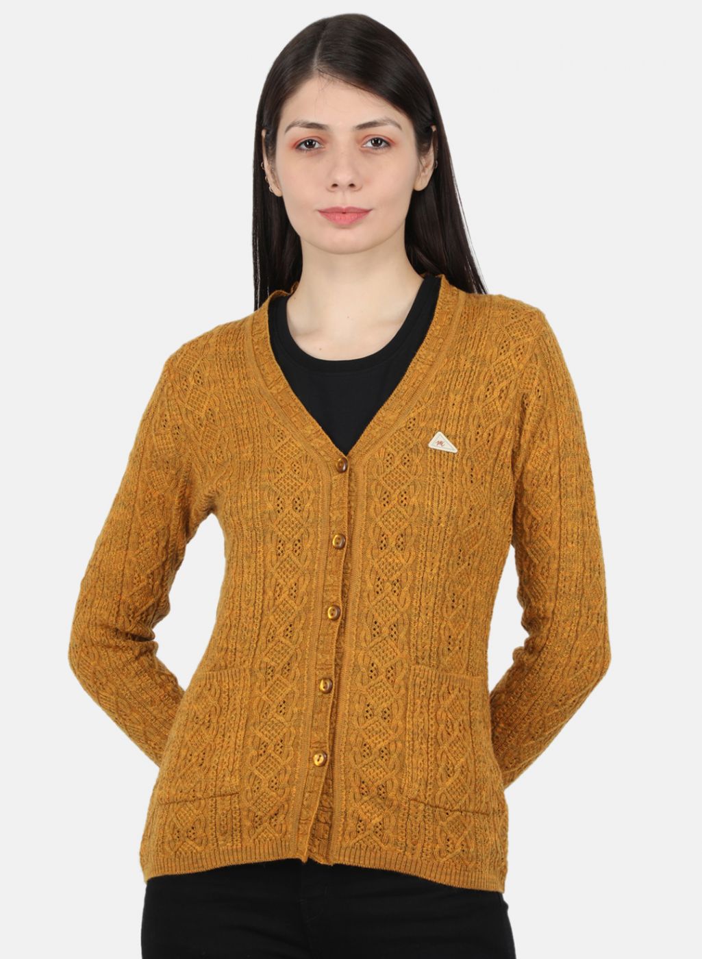 Women Yellow Self Design Cardigan