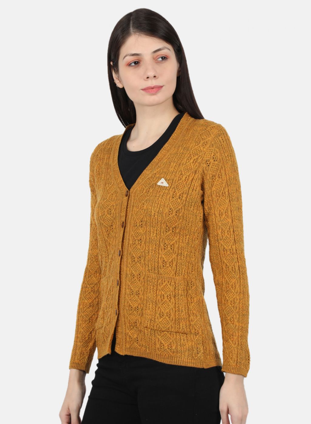 Women Yellow Self Design Cardigan