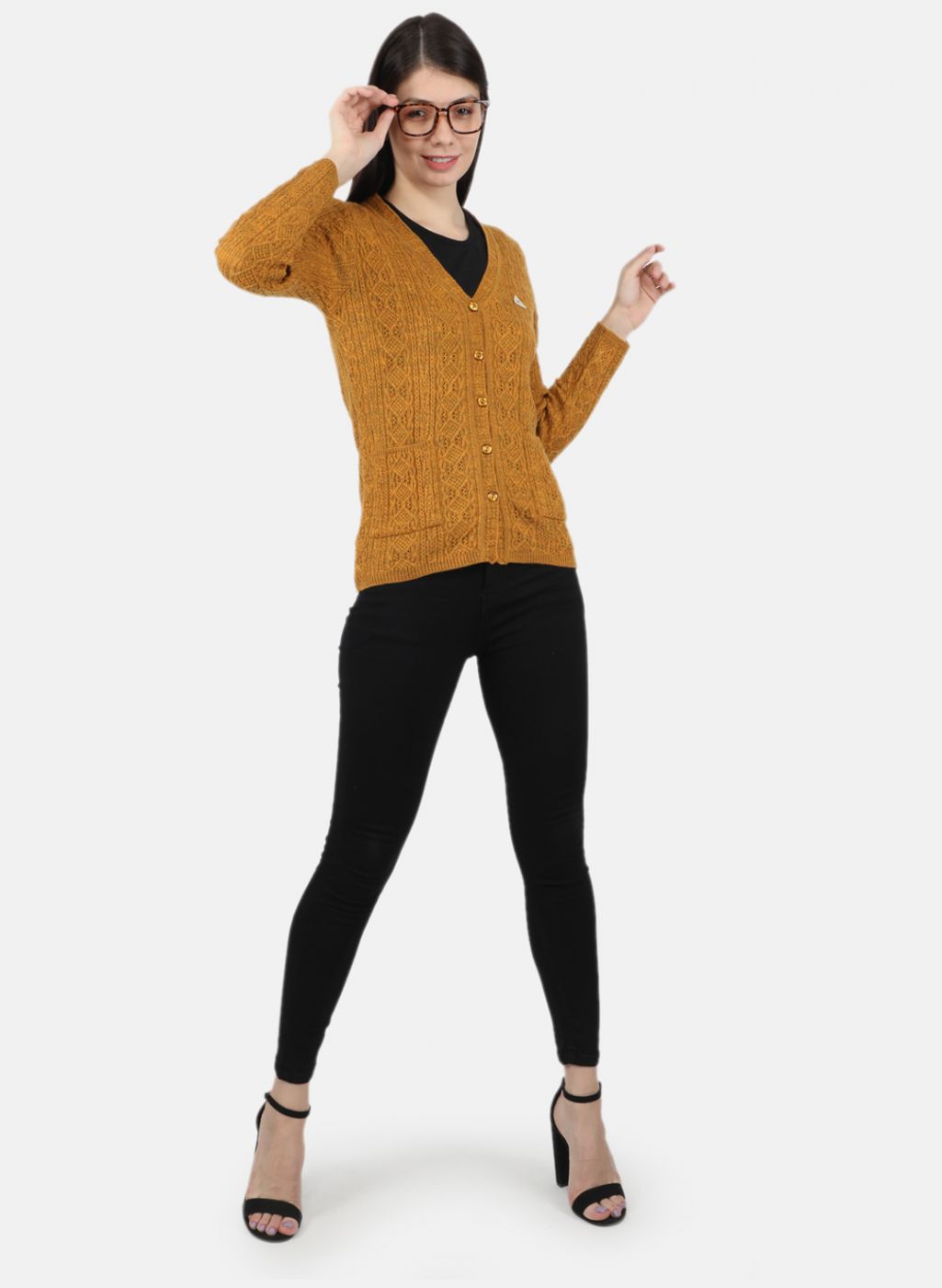 Women Yellow Self Design Cardigan