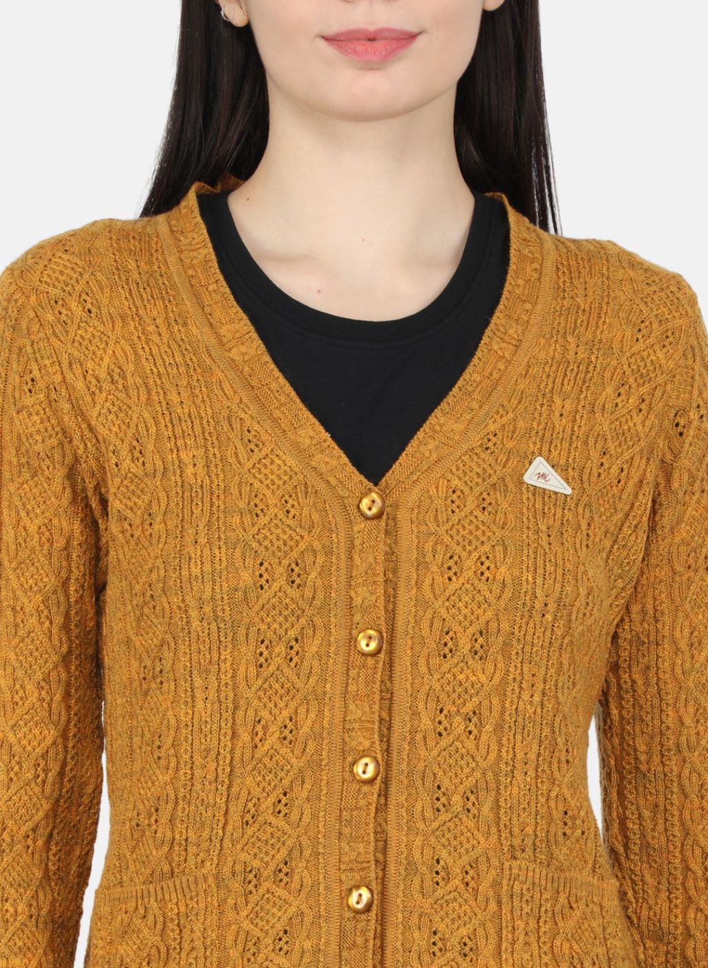 Women Yellow Self Design Cardigan