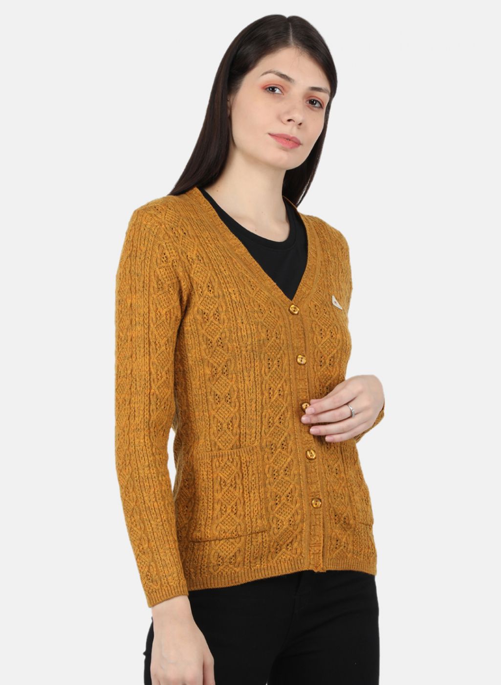 Women Yellow Self Design Cardigan