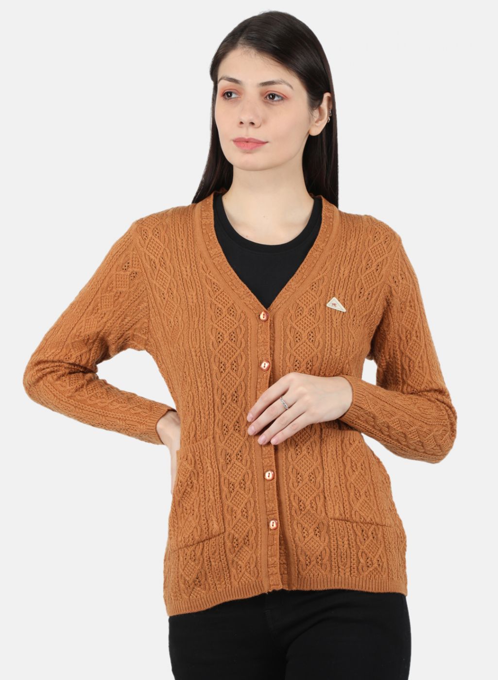 Women Orange Self Design Cardigan