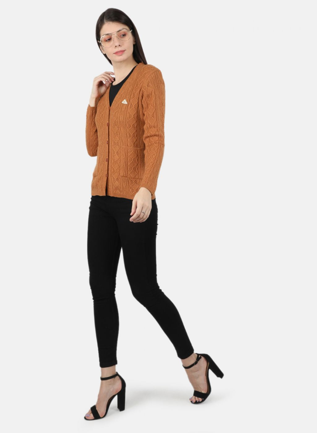 Women Orange Self Design Cardigan