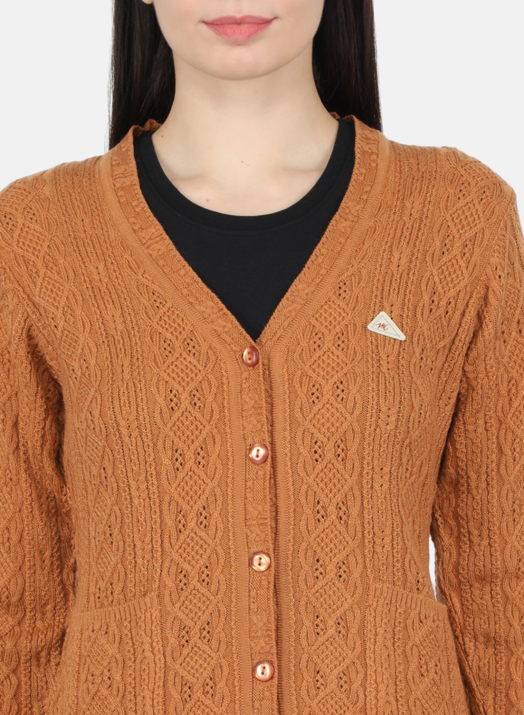 Women Orange Self Design Cardigan