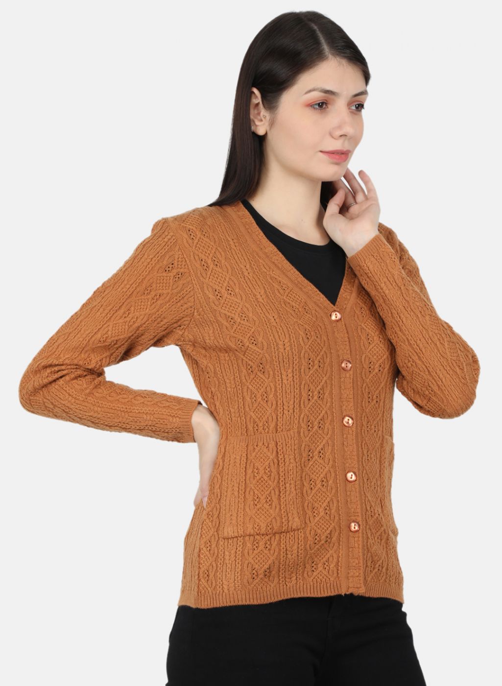 Women Orange Self Design Cardigan