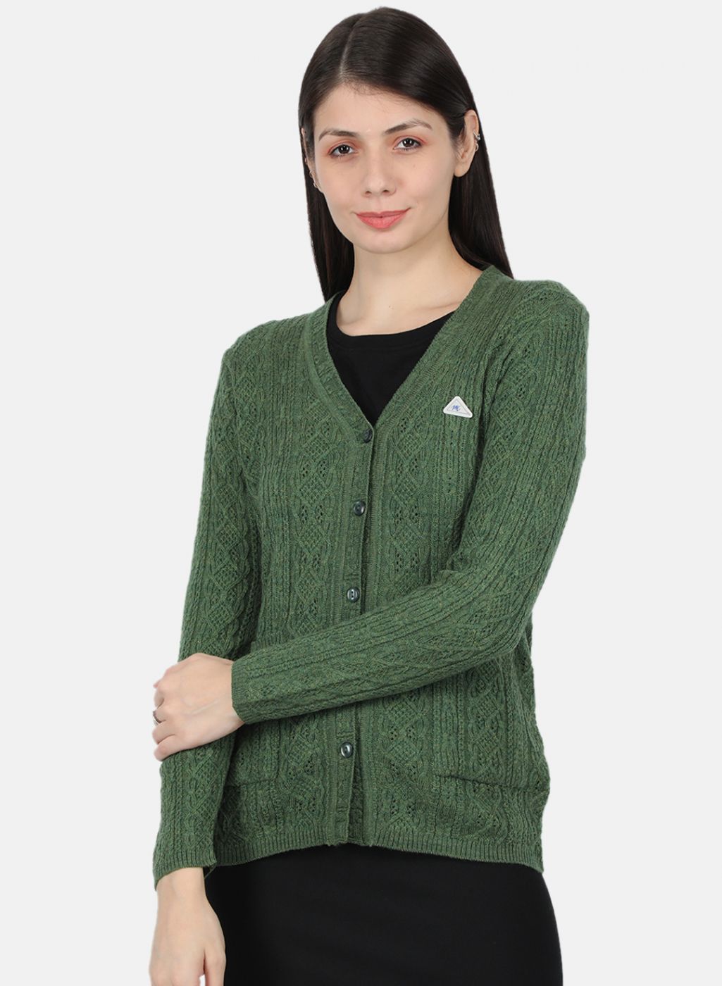 Women Olive Self Design Cardigan