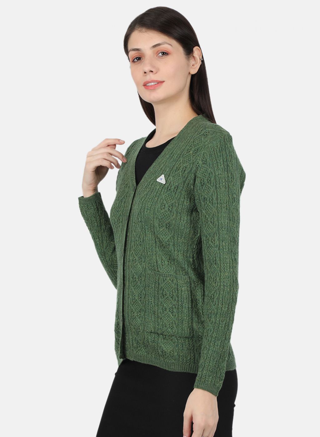 Women Olive Self Design Cardigan