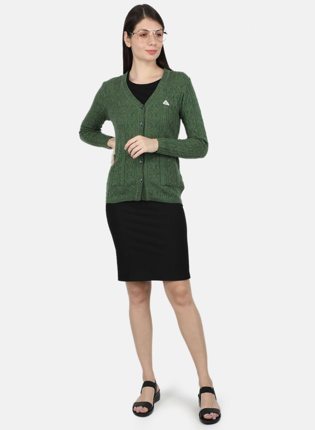 Women Olive Self Design Cardigan