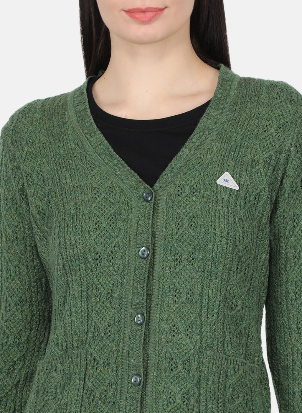 Women Olive Self Design Cardigan