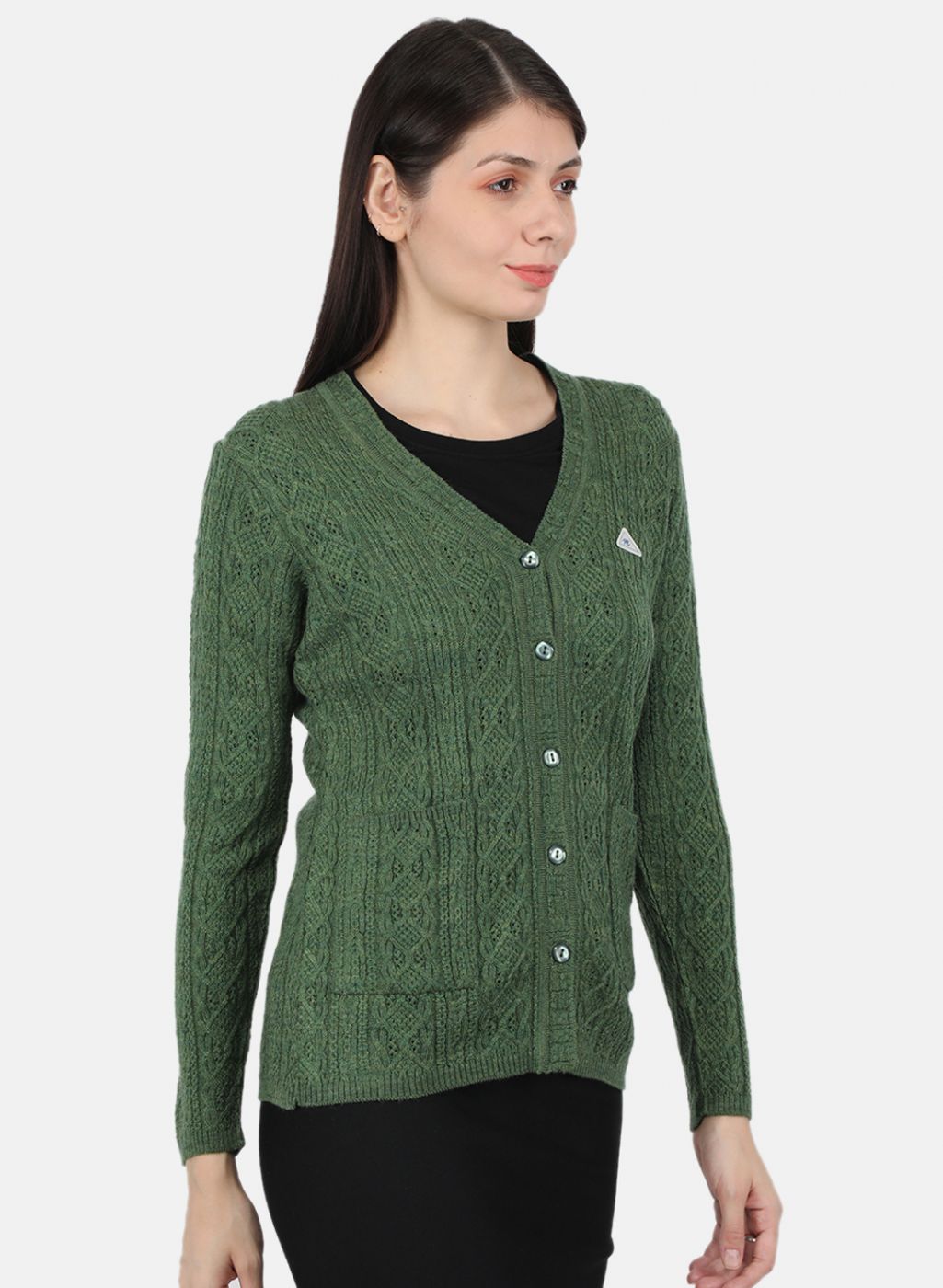 Women Olive Self Design Cardigan