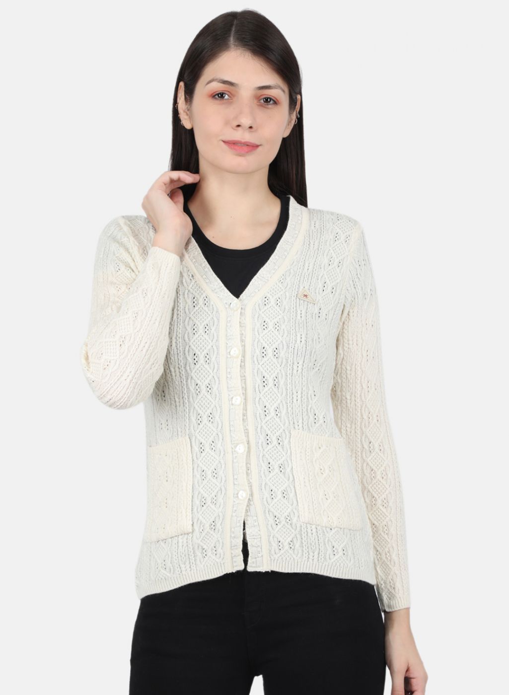 Women Off White Self Design Cardigan