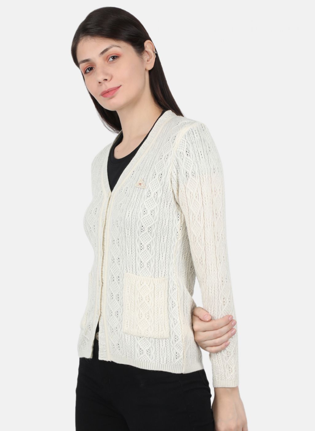 Women Off White Self Design Cardigan