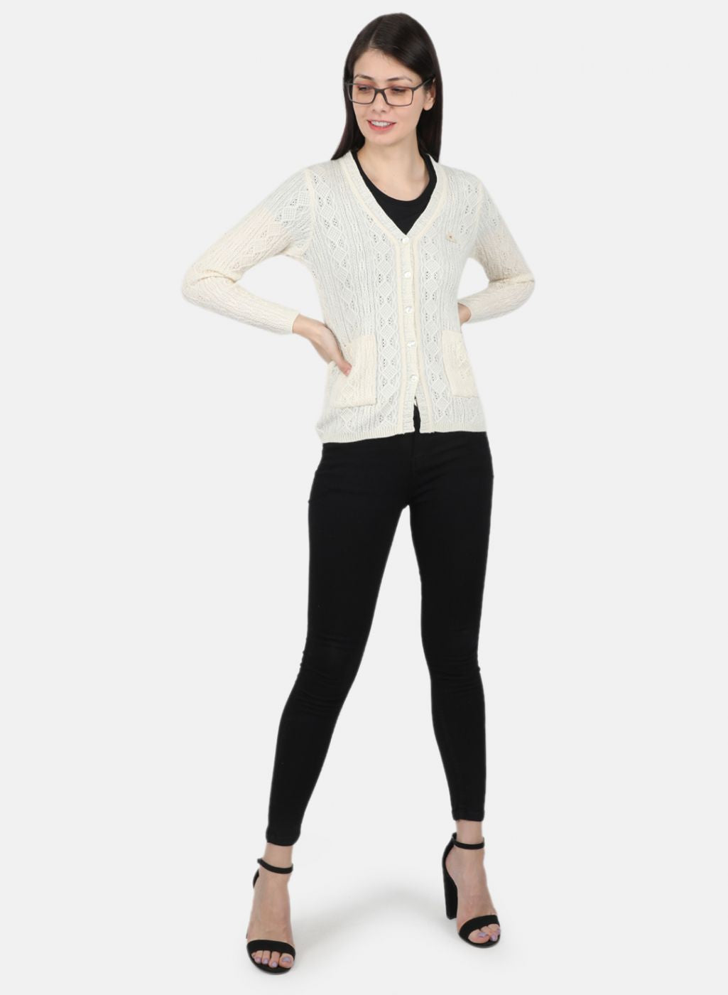 Women Off White Self Design Cardigan