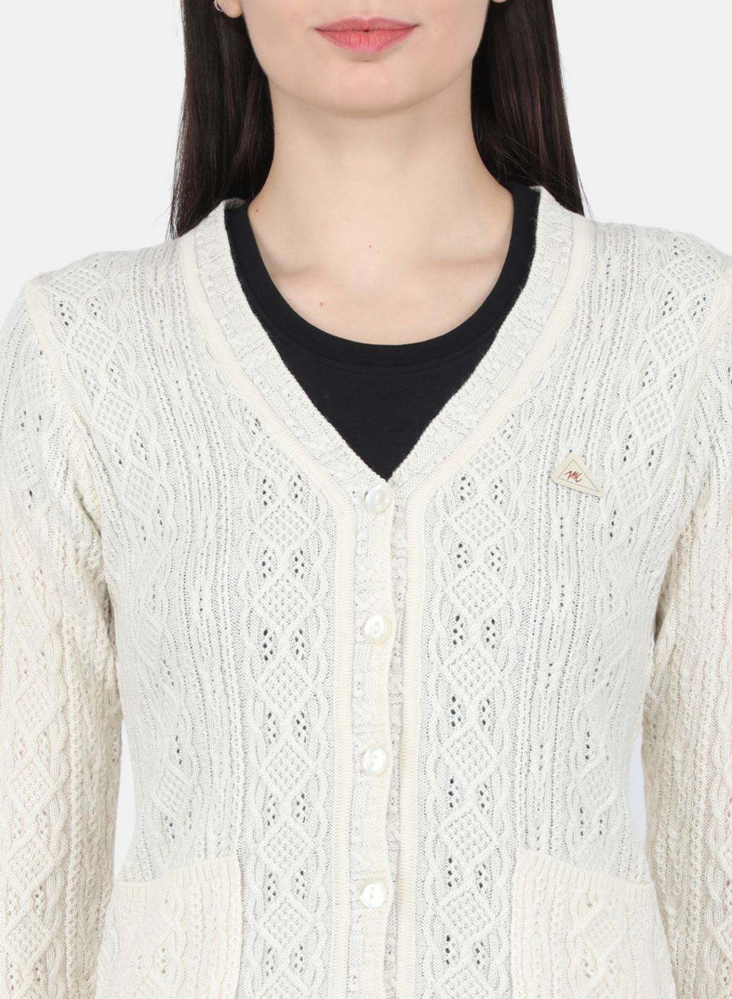 Women Off White Self Design Cardigan