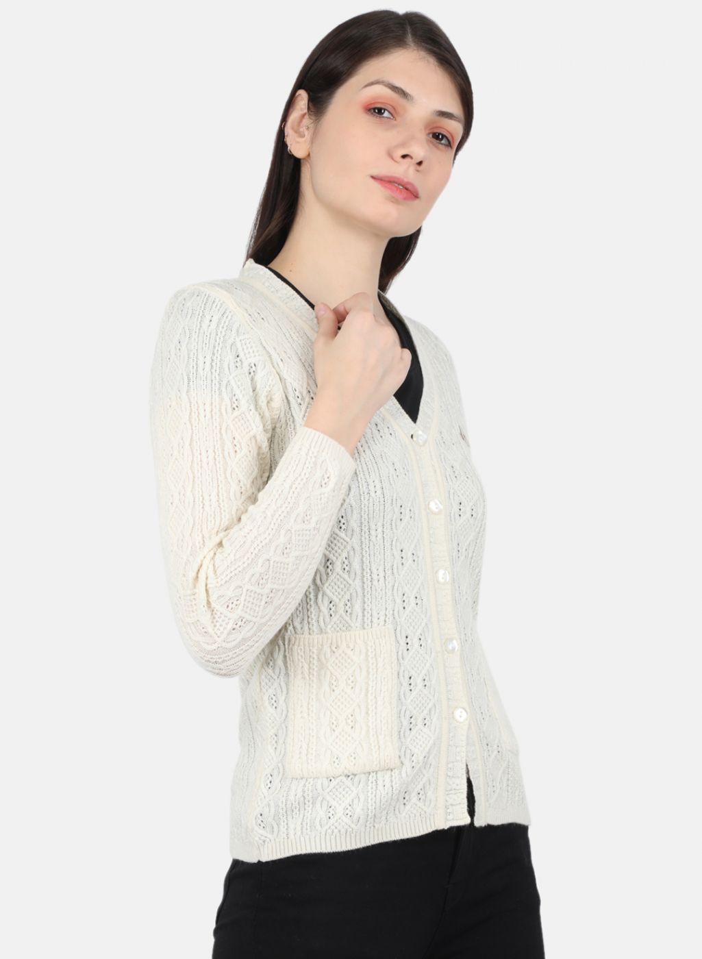 Women Off White Self Design Cardigan