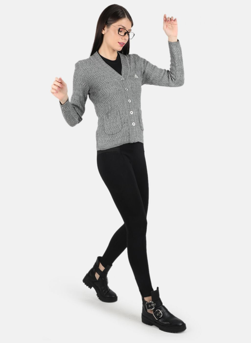 Women Grey Self Design Cardigan