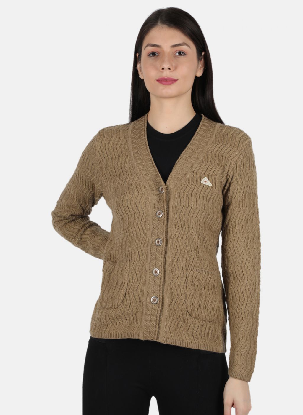 Women Brown Self Design Cardigan