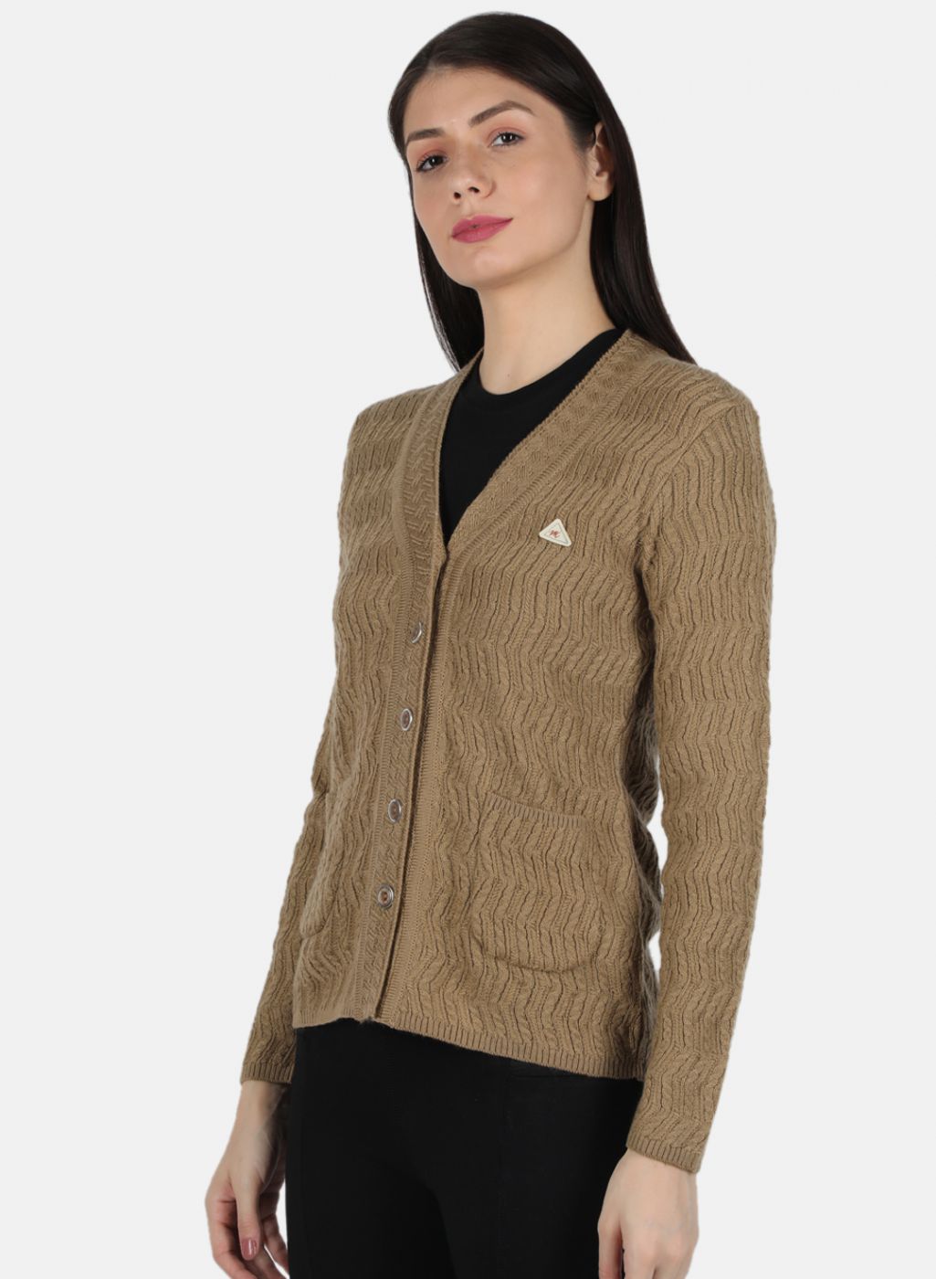 Women Brown Self Design Cardigan