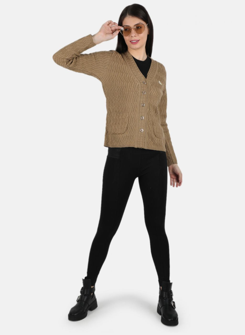 Women Brown Self Design Cardigan