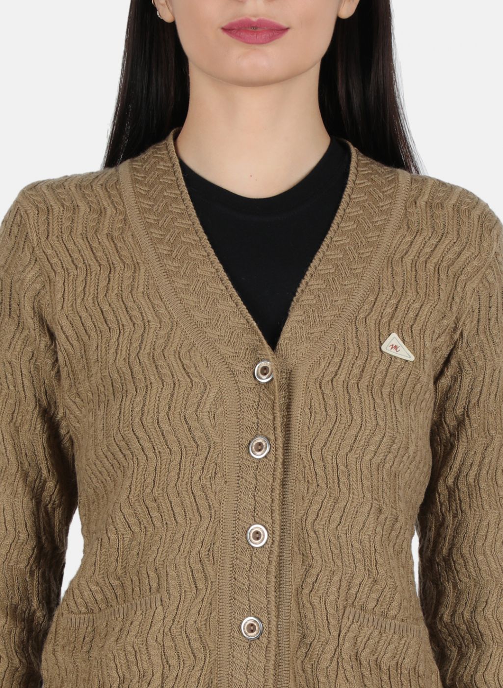 Women Brown Self Design Cardigan